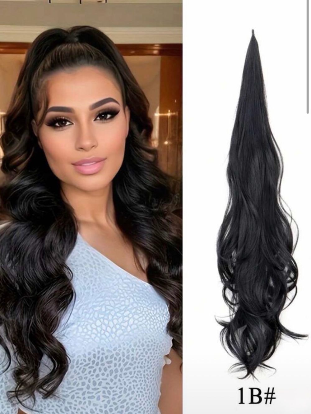 NWOT 1B Black Clip-In Ponytail Extension - Seamless Wavy Hair